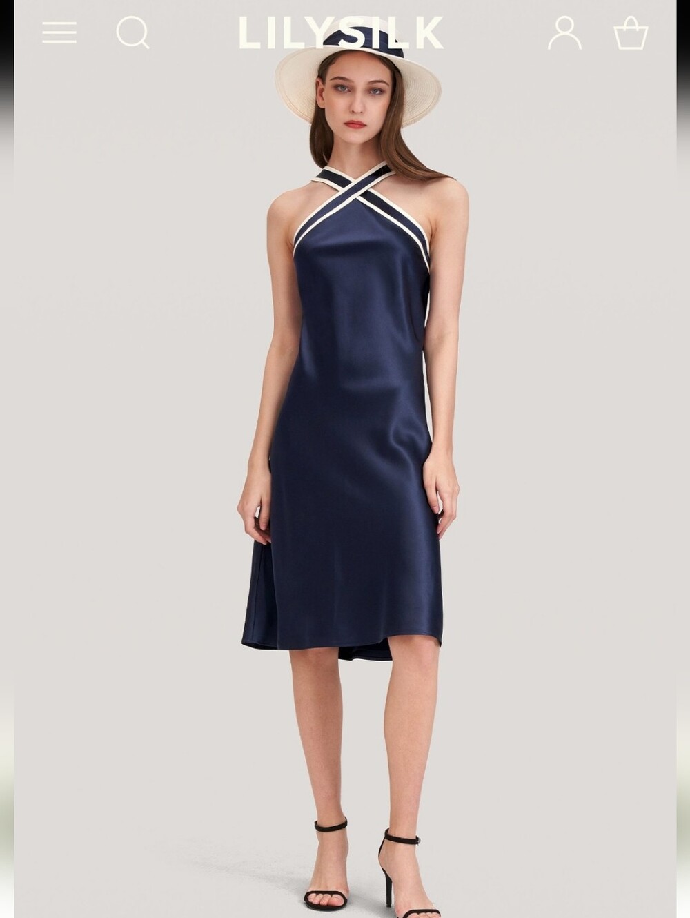 Lilysilk Camellia Glossy Mulberry Silk Halter Dress Navy Blue White Size 10